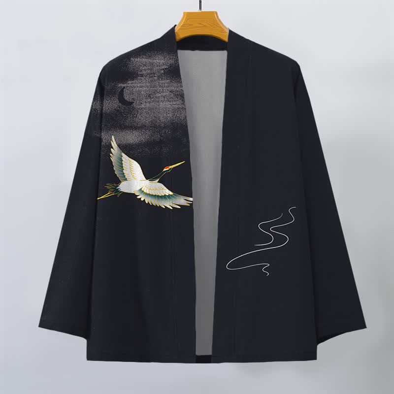 Buddha Stones Kimono pour homme ouvert sur le devant, motif grues, lune et vagues, en coton - image 10