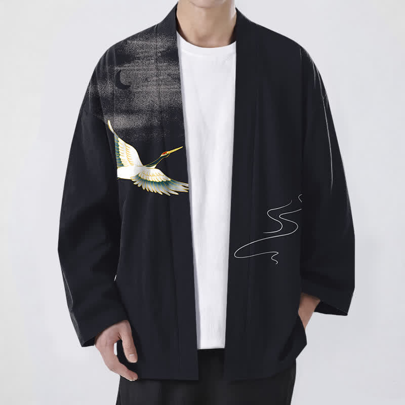 Buddha Stones Kimono pour homme ouvert sur le devant, motif grues, lune et vagues, en coton - Noir - US/UK/AU48，EU58 (4XL) - image 9