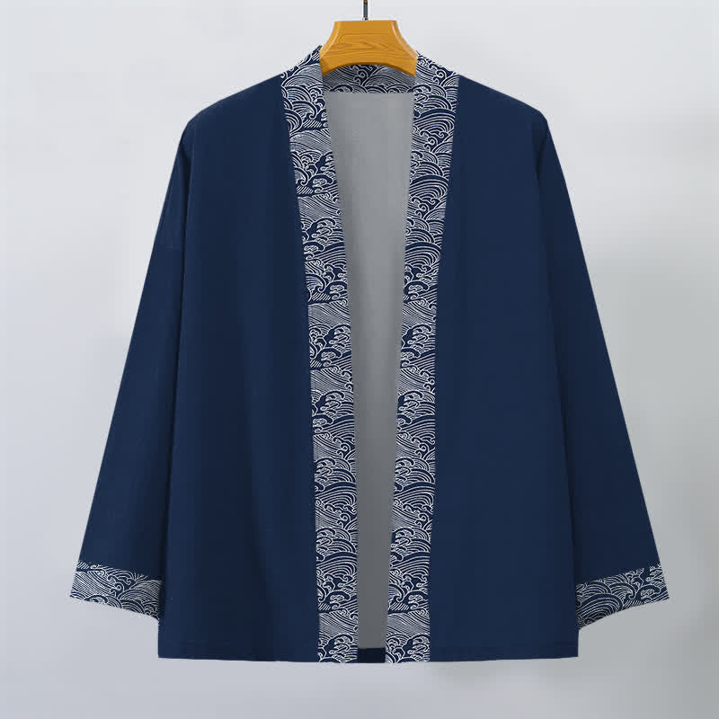 Buddha Stones Kimono pour homme en coton à motif vagues océaniques, ouvert sur le devant - image 1