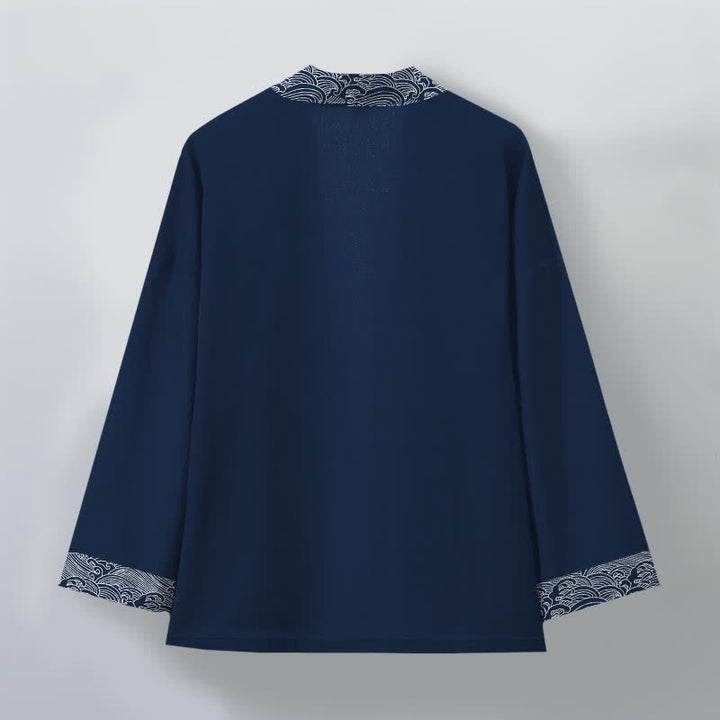 Buddha Stones Kimono pour homme en coton à motif vagues océaniques, ouvert sur le devant - image 2