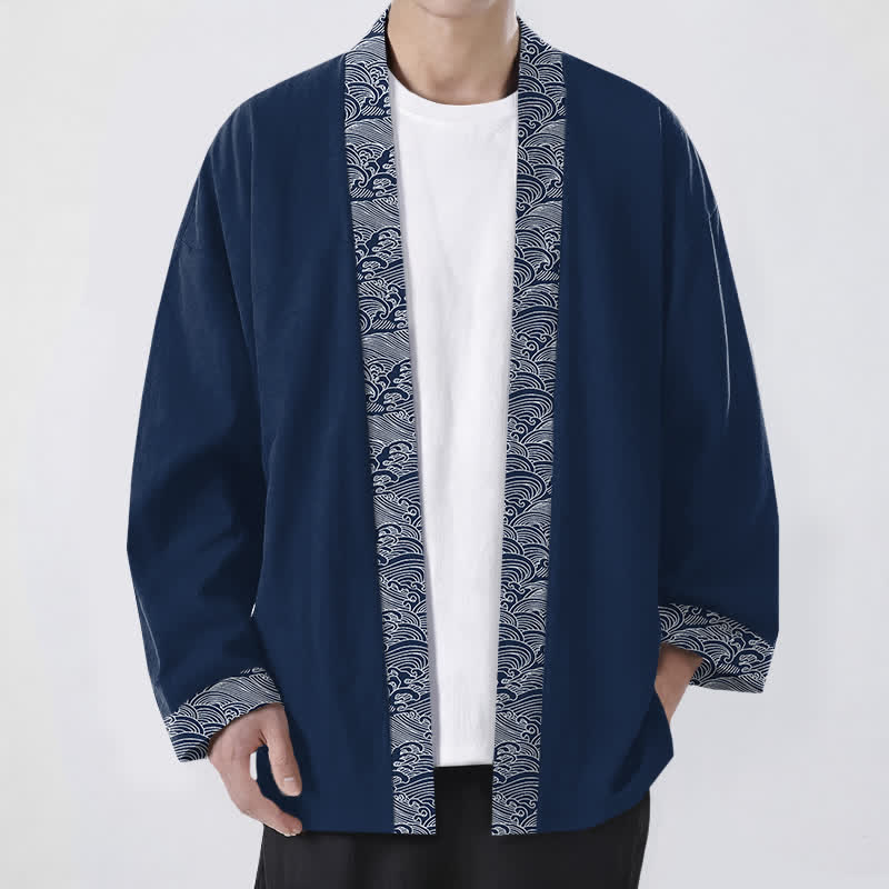 Buddha Stones Kimono pour homme en coton à motif vagues océaniques, ouvert sur le devant - Marine - US/UK/AU48，EU58 (4XL) - image 0