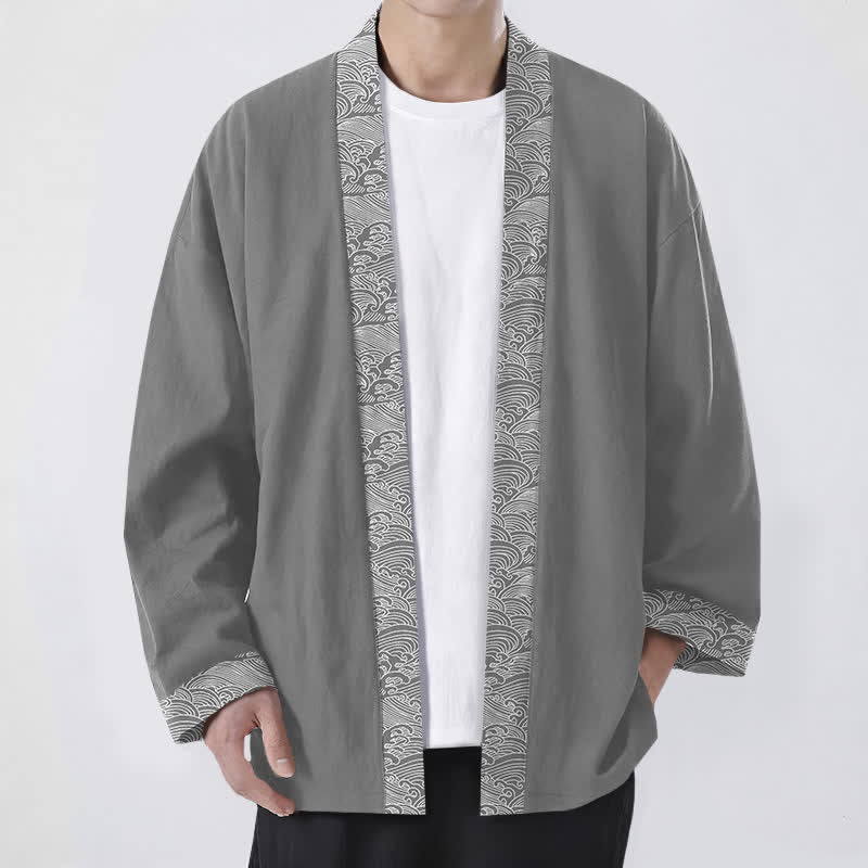 Buddha Stones Kimono pour homme en coton à motif vagues océaniques, ouvert sur le devant - Gris - US/UK/AU48，EU58 (4XL) - image 6