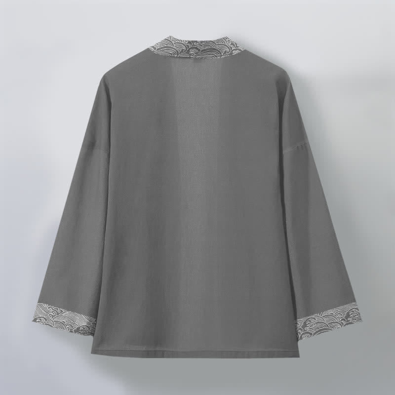 Buddha Stones Kimono pour homme en coton à motif vagues océaniques, ouvert sur le devant - image 8