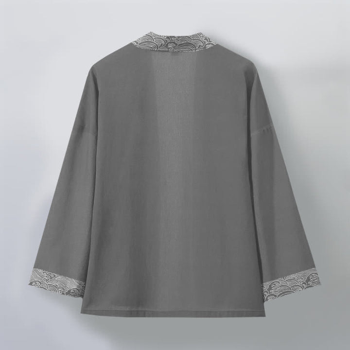 Buddha Stones Kimono pour homme en coton à motif vagues océaniques, ouvert sur le devant - image 8