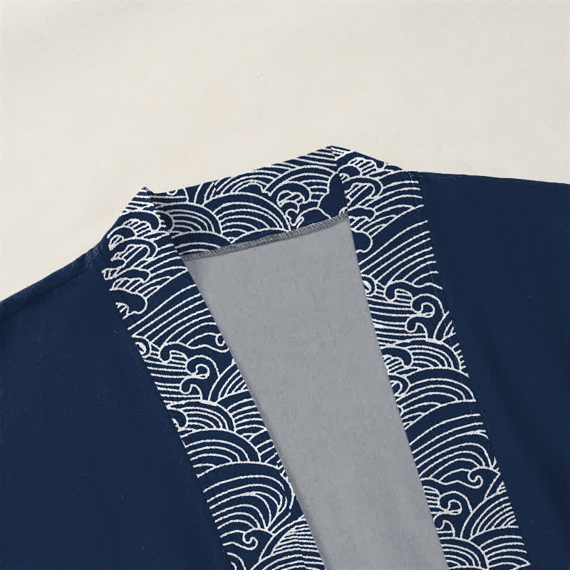 Buddha Stones Kimono pour homme en coton à motif vagues océaniques, ouvert sur le devant - image 3