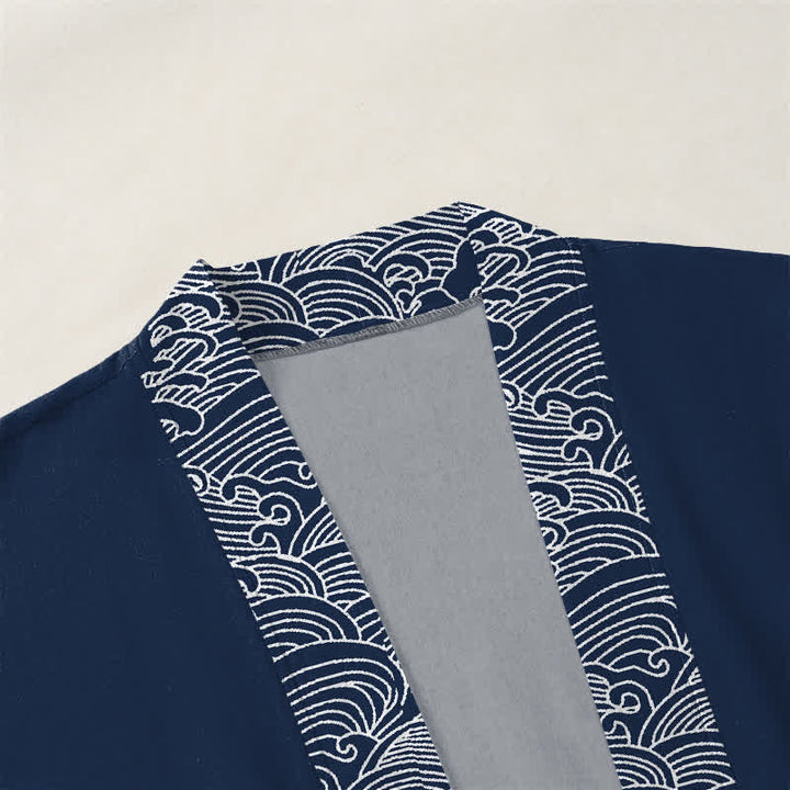Buddha Stones Kimono pour homme en coton à motif vagues océaniques, ouvert sur le devant - image 3