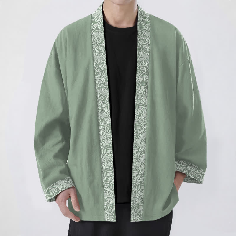 Buddha Stones Kimono pour homme en coton à motif vagues océaniques, ouvert sur le devant - Vert foncé - US/UK/AU48，EU58 (4XL) - image 9