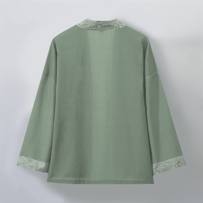 Buddha Stones Kimono pour homme en coton à motif vagues océaniques, ouvert sur le devant - image 11