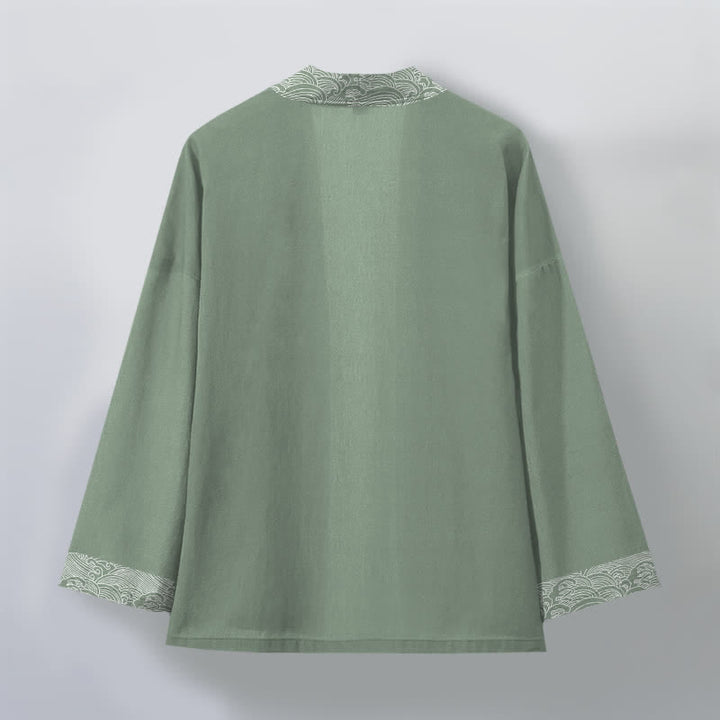 Buddha Stones Kimono pour homme en coton à motif vagues océaniques, ouvert sur le devant - image 11