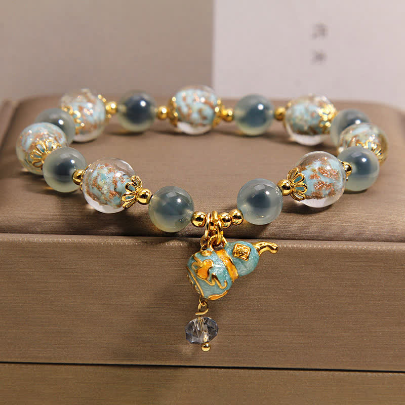 Buddha Stones Bracelet de joie avec breloque en verre Liuli et agate bleue bonbon, en forme de gourde. - Agate bonbon (Amour ♥ Joie) - image 0