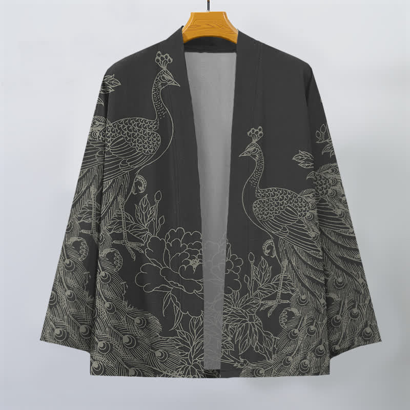 Buddha Stones Kimono pour homme en coton à motif de paon et de pivoine, ouvert sur le devant - image 1