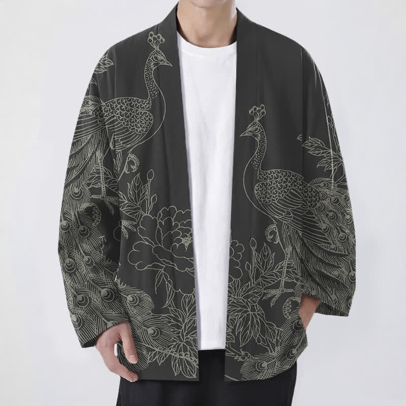 Buddha Stones Kimono pour homme en coton à motif de paon et de pivoine, ouvert sur le devant - Noir - US/UK/AU48，EU58 (4XL) - image 0