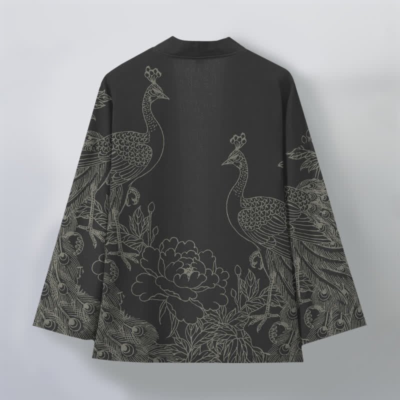 Buddha Stones Kimono pour homme en coton à motif de paon et de pivoine, ouvert sur le devant - image 2