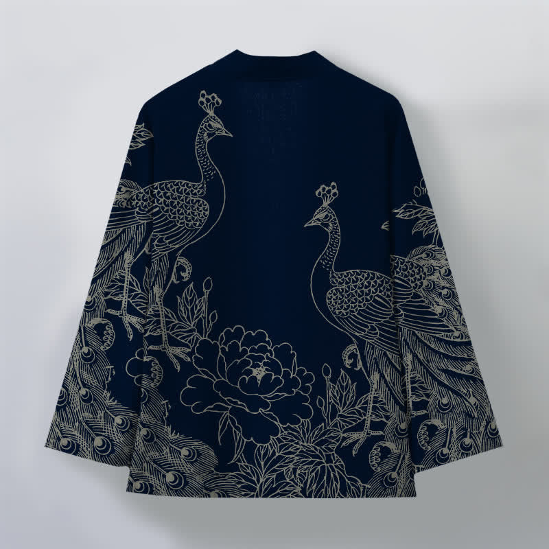 Buddha Stones Kimono pour homme en coton à motif de paon et de pivoine, ouvert sur le devant - image 8
