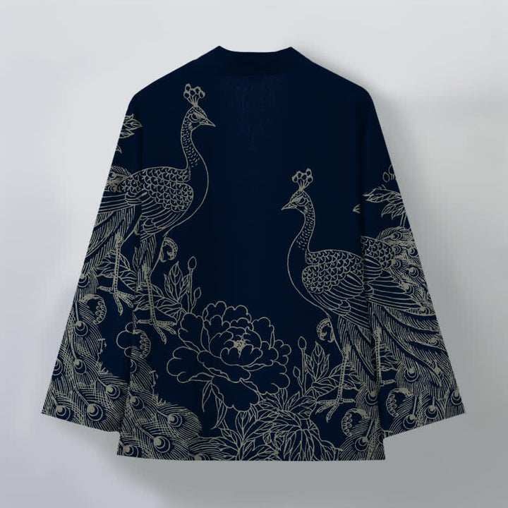 Buddha Stones Kimono pour homme en coton à motif de paon et de pivoine, ouvert sur le devant - image 8