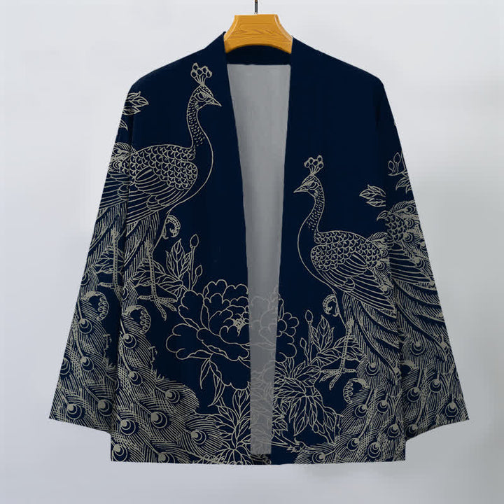 Buddha Stones Kimono pour homme en coton à motif de paon et de pivoine, ouvert sur le devant - image 7