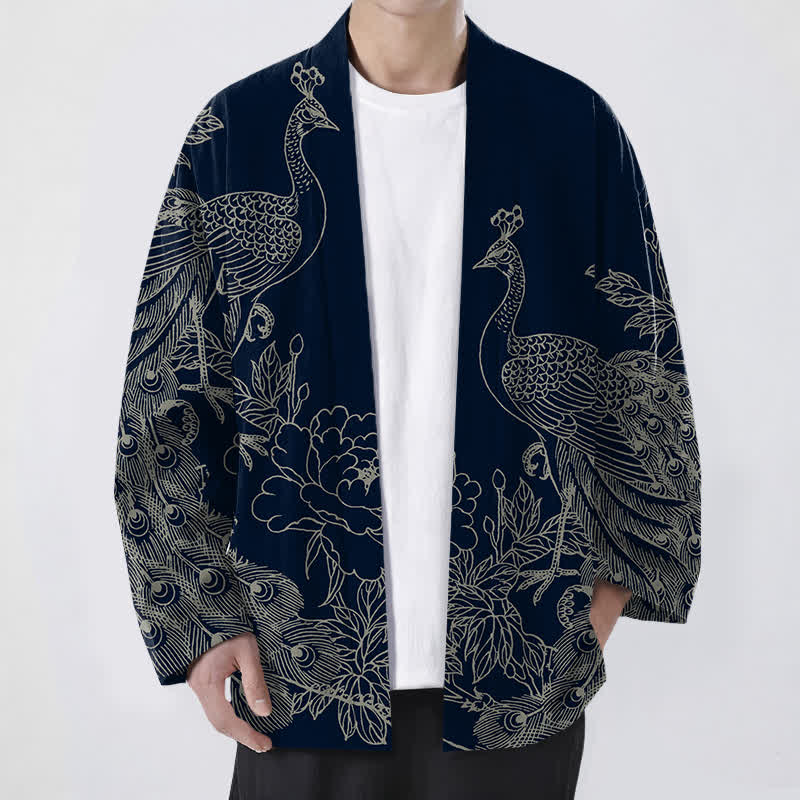 Buddha Stones Kimono pour homme en coton à motif de paon et de pivoine, ouvert sur le devant - Marine - US/UK/AU48，EU58 (4XL) - image 6