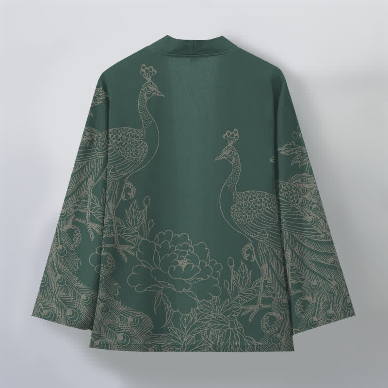Buddha Stones Kimono pour homme en coton à motif de paon et de pivoine, ouvert sur le devant - image 11
