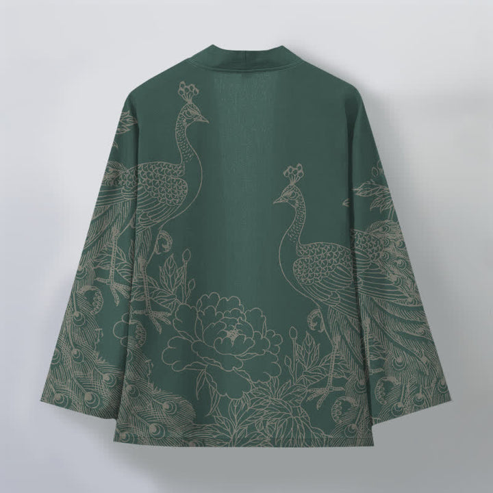 Buddha Stones Kimono pour homme en coton à motif de paon et de pivoine, ouvert sur le devant - image 11