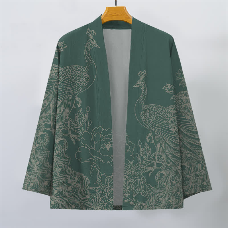 Buddha Stones Kimono pour homme en coton à motif de paon et de pivoine, ouvert sur le devant - image 10