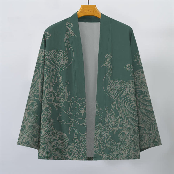 Buddha Stones Kimono pour homme en coton à motif de paon et de pivoine, ouvert sur le devant - image 10