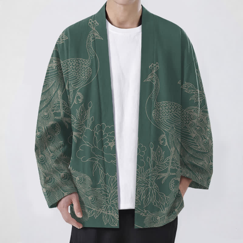 Buddha Stones Kimono pour homme en coton à motif de paon et de pivoine, ouvert sur le devant - Vert mer moyen - US/UK/AU48，EU58 (4XL) - image 9