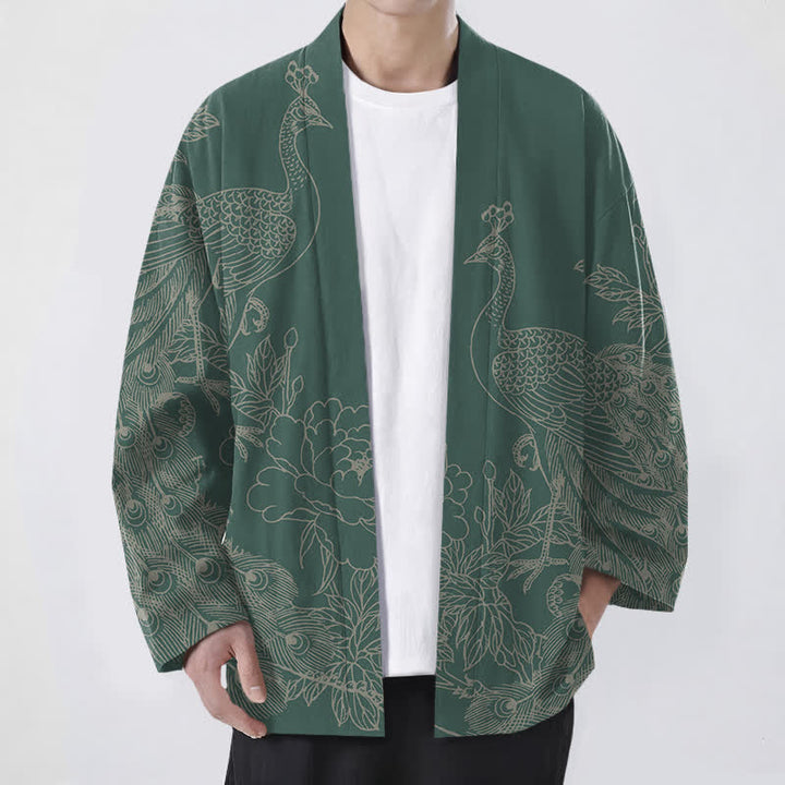 Buddha Stones Kimono pour homme en coton à motif de paon et de pivoine, ouvert sur le devant - Vert mer moyen - US/UK/AU48，EU58 (4XL) - image 9