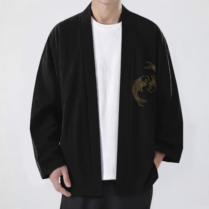 Buddha Stones Kimono pour homme en coton à motif de carpes koï jumelées, ouvert sur le devant - Noir - US/UK/AU48，EU58 (4XL) - image 0