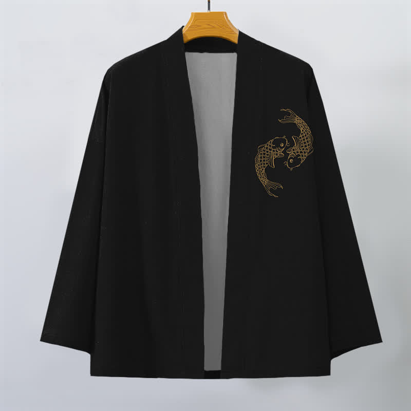 Buddha Stones Kimono pour homme en coton à motif de carpes koï jumelées, ouvert sur le devant - image 1