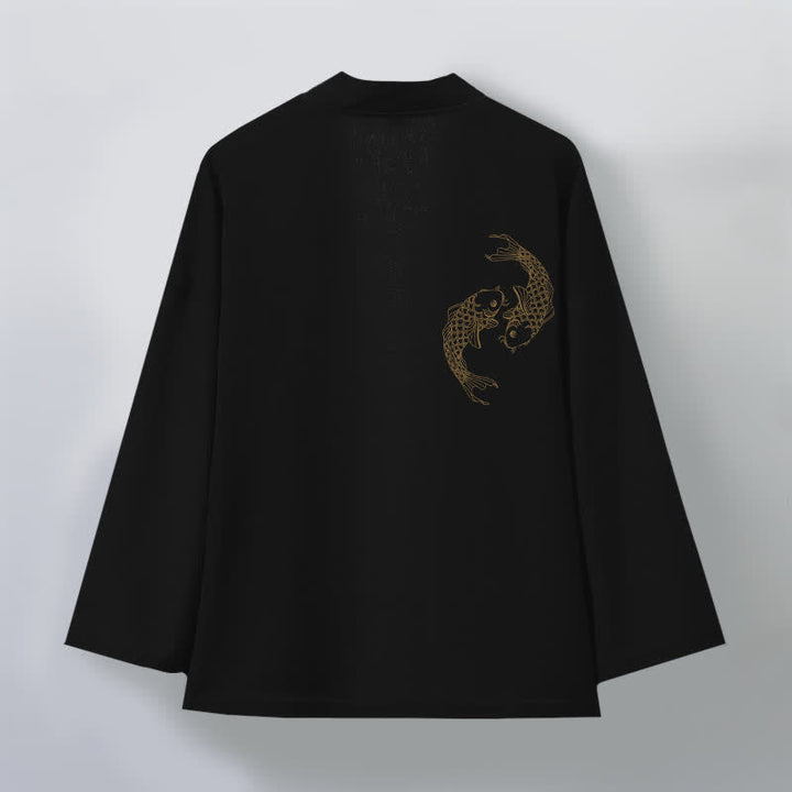 Buddha Stones Kimono pour homme en coton à motif de carpes koï jumelées, ouvert sur le devant - image 2