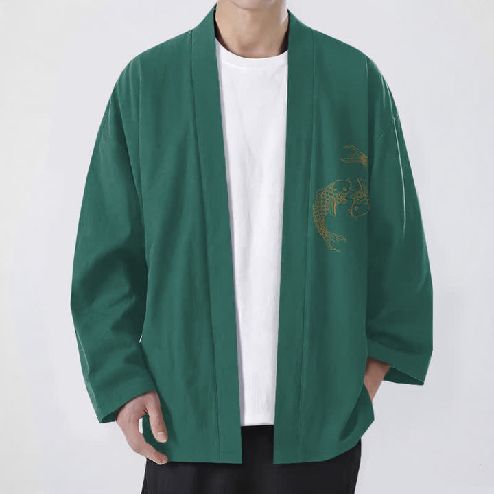 Buddha Stones Kimono pour homme en coton à motif de carpes koï jumelées, ouvert sur le devant - Vert mer moyen - US/UK/AU48，EU58 (4XL) - image 6