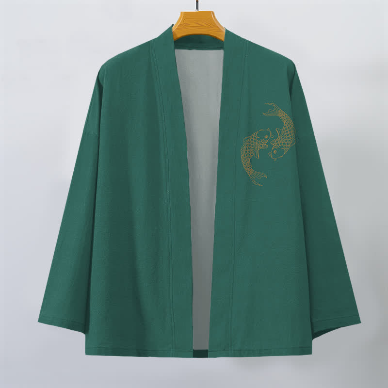 Buddha Stones Kimono pour homme en coton à motif de carpes koï jumelées, ouvert sur le devant - image 7