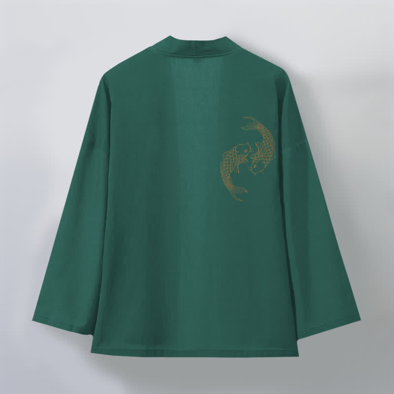 Buddha Stones Kimono pour homme en coton à motif de carpes koï jumelées, ouvert sur le devant - image 8