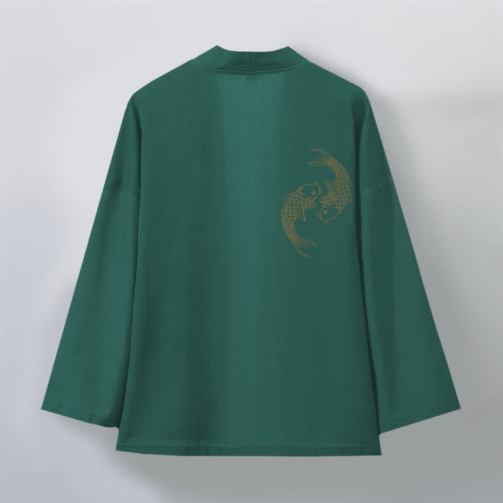 Buddha Stones Kimono pour homme en coton à motif de carpes koï jumelées, ouvert sur le devant - image 8