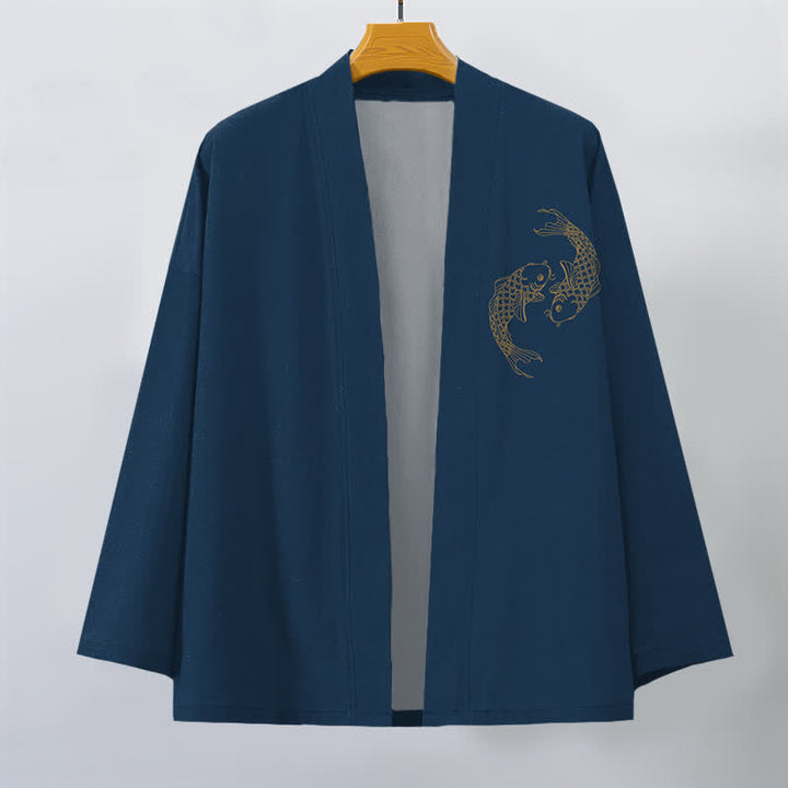 Buddha Stones Kimono pour homme en coton à motif de carpes koï jumelées, ouvert sur le devant - image 10