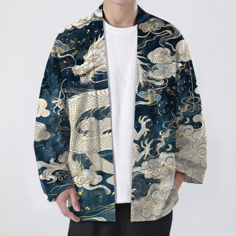 Buddha Stones Kimono pour homme en coton à motif de nuages ​​tourbillonnants et de dragon céleste, ouvert sur le devant - Marine - US/UK/AU48，EU58 (4XL) - image 0