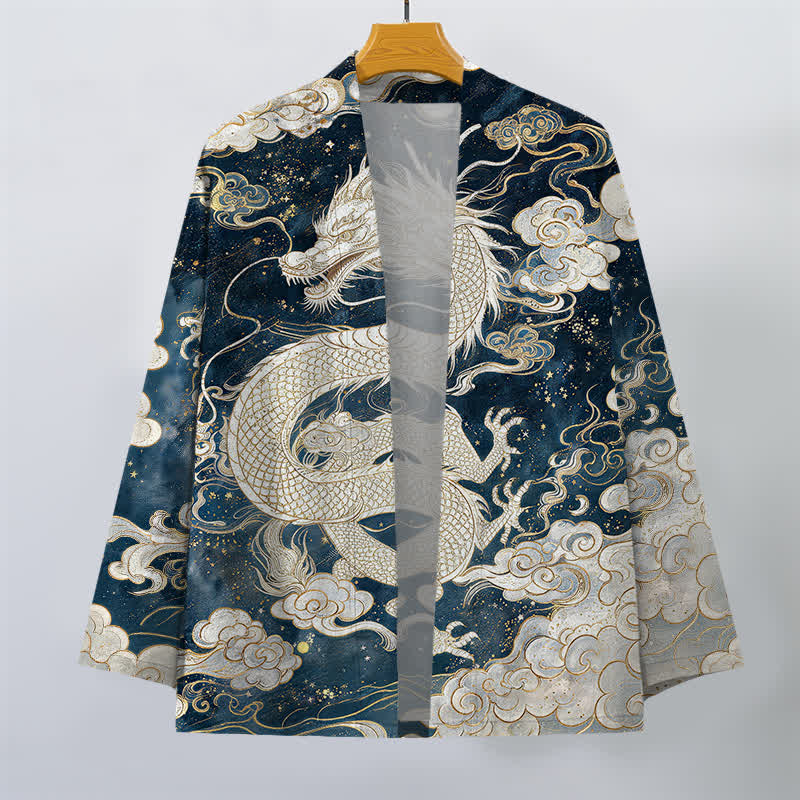 Buddha Stones Kimono pour homme en coton à motif de nuages ​​tourbillonnants et de dragon céleste, ouvert sur le devant - image 1