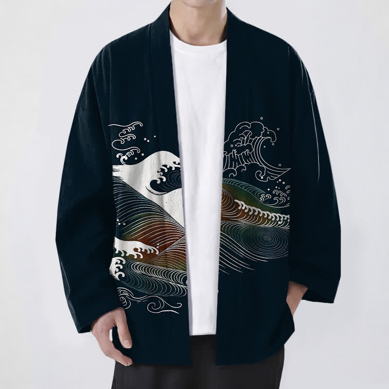 Buddha Stones Kimono pour homme en coton fluide à motif vagues océaniques, ouvert sur le devant - Noir - US/UK/AU48，EU58 (4XL) - image 0