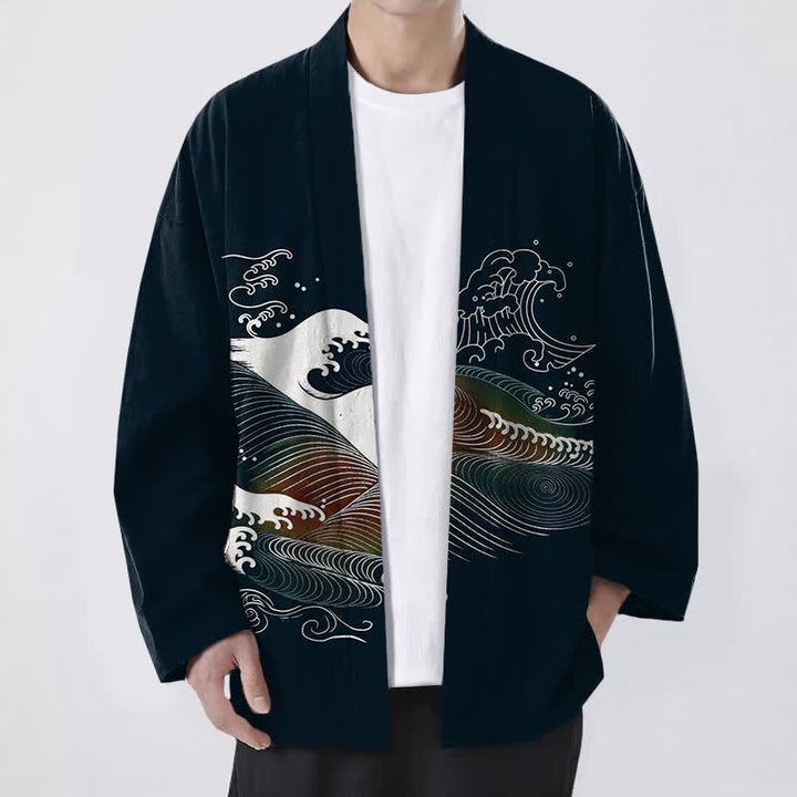 Buddha Stones Kimono pour homme en coton fluide à motif vagues océaniques, ouvert sur le devant - Noir - US/UK/AU48，EU58 (4XL) - image 0