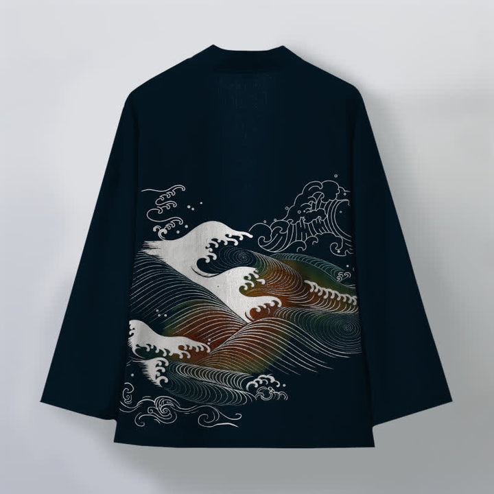 Buddha Stones Kimono pour homme en coton fluide à motif vagues océaniques, ouvert sur le devant - image 2