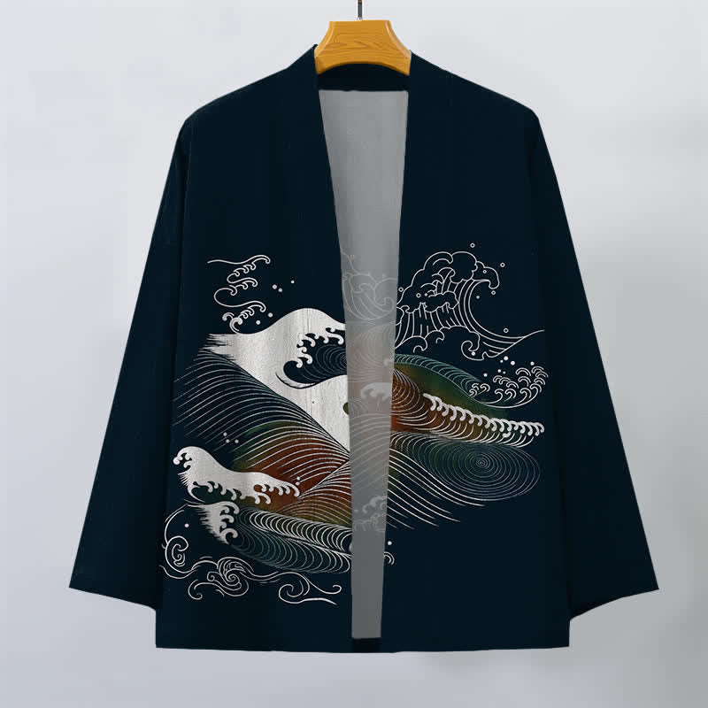 Buddha Stones Kimono pour homme en coton fluide à motif vagues océaniques, ouvert sur le devant - image 1