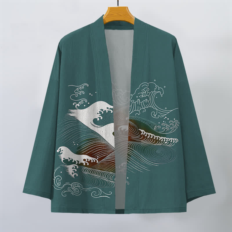Buddha Stones Kimono pour homme en coton fluide à motif vagues océaniques, ouvert sur le devant - image 7