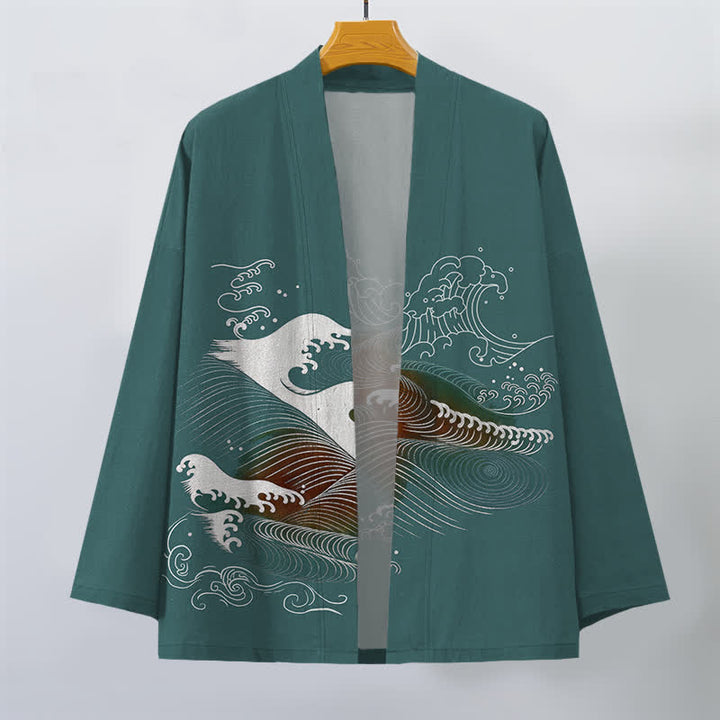 Buddha Stones Kimono pour homme en coton fluide à motif vagues océaniques, ouvert sur le devant - image 7