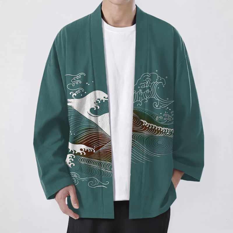 Buddha Stones Kimono pour homme en coton fluide à motif vagues océaniques, ouvert sur le devant - Sarcelle - US/UK/AU48，EU58 (4XL) - image 6