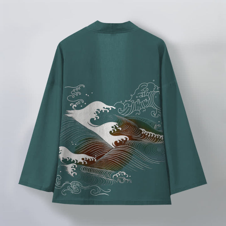 Buddha Stones Kimono pour homme en coton fluide à motif vagues océaniques, ouvert sur le devant - image 8