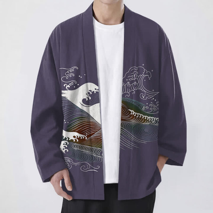 Buddha Stones Kimono pour homme en coton fluide à motif vagues océaniques, ouvert sur le devant - Bleu ardoise foncé - US/UK/AU48，EU58 (4XL) - image 9