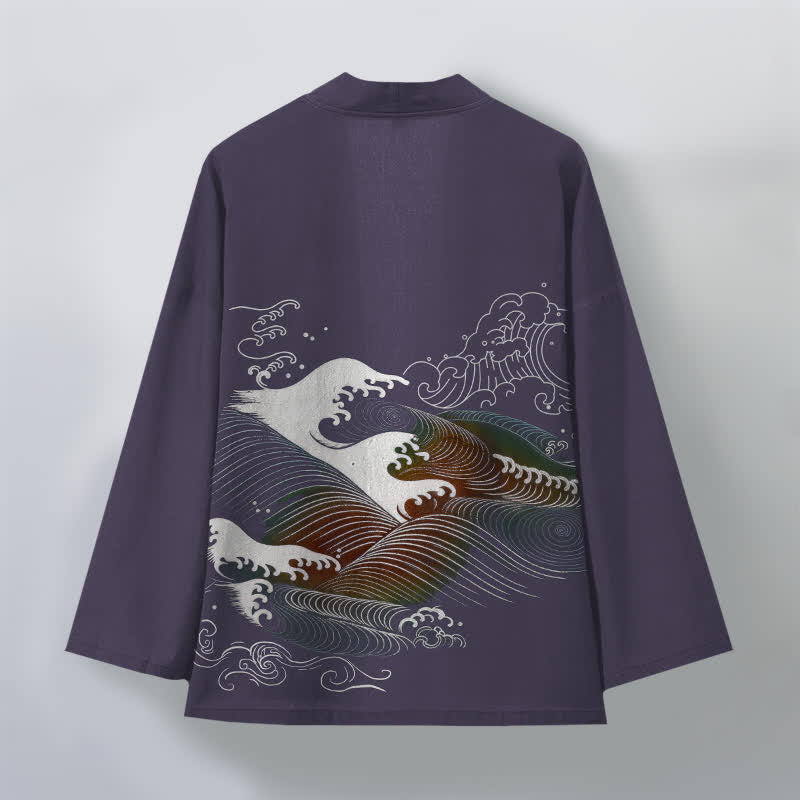 Buddha Stones Kimono pour homme en coton fluide à motif vagues océaniques, ouvert sur le devant - image 11