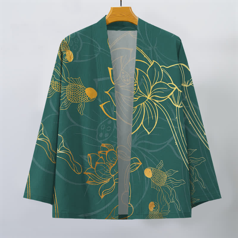 Buddha Stones Kimono pour homme en coton à motif de carpes koï et de lotus, ouvert sur le devant - image 1