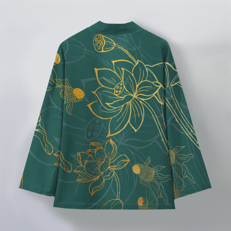 Buddha Stones Kimono pour homme en coton à motif de carpes koï et de lotus, ouvert sur le devant - image 2