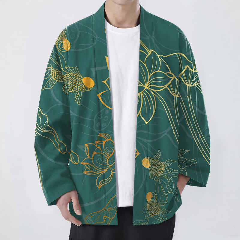 Buddha Stones Kimono pour homme en coton à motif de carpes koï et de lotus, ouvert sur le devant - Vert mer moyen - US/UK/AU48，EU58 (4XL) - image 0